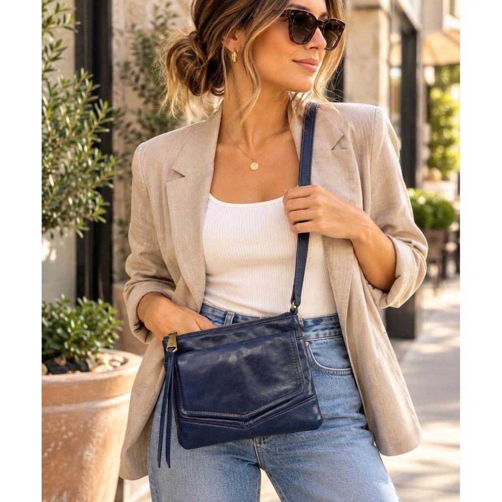 HOBO International Navy Blue Leather Crossbody Bag Flap Pocket Adjustable Strap